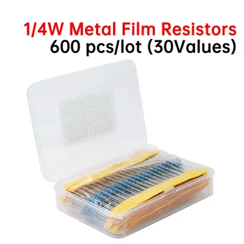 600 шт./лот (30 значений x 20 шт) 1% Комплект резисторов мощностью 1/4 Вт, комплект металлических пленочных резисторов 