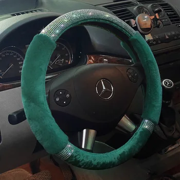 Зеленая крышка рулевого колеса D-образной формы 15 для автомобилей Mercedes Benz Honda C-rv Toyota Kia, зимние девушки, женщины, Пушистый горный хрусталь, теплый