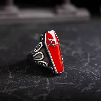 Кольца в виде гроба вампира в готическом стиле для мужчин, Пятиугольное кольцо в стиле панк-хип-хоп, красный клей, Байкерские украшения, подарок Оптом