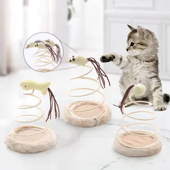 Спиральная плюшевая пружинная пластина из массива дерева для кошек, устойчивая к износу и укусам Игрушка, товары для домашних животных, интерактивная игрушка для кошек-мышонок-рыбка