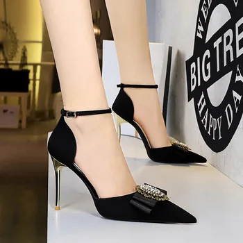 BIGTREE Лето 2023 Модные черные туфли-лодочки с металлической пряжкой на высоком каблуке, Пикантные вечерние туфли на шпильке, Офисная обувь, сандалии, женские туфли-лодочки