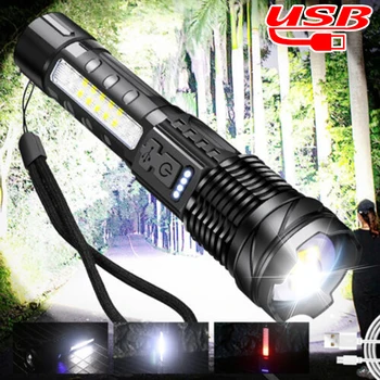 Яркий светодиодный фонарик, масштабируемый USB-аккумуляторный фонарик с боковой подсветкой, встроенный аккумулятор, 7 режимов, водонепроницаемый фонарь для кемпинга