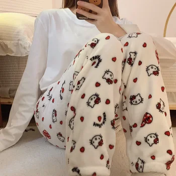 Женские брюки для сна Sanrio Hello Kitty Y2k, милые модные зимние плюшевые теплые и утолщенные повседневные домашние брюки, подарки для девочек