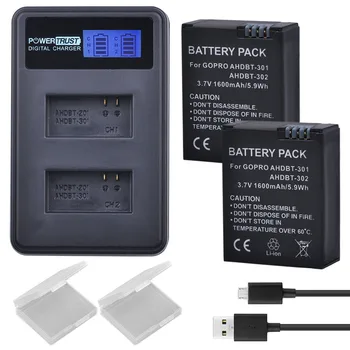 Powertrust 2шт AHDBT-301 AHDBT-302 Аккумулятор Для Камеры + ЖК-Дисплей с Двойным USB-Зарядным устройством для Gopro Hero 3/3 Hero3 Hero3 Камера Hero3 Go Pro