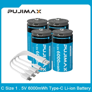 PUJIMAX C-size1.5V 6000 МВтч Литий-ионная Аккумуляторная Батарея Со Светодиодной Подсветкой Поддержка Кабеля TypeC Быстрая Зарядка Для Водонагревателя