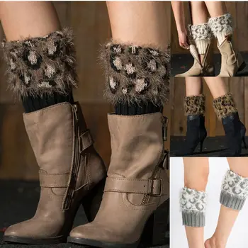 Эластичные зимние теплые вязаные носки для утепления лодыжек Гетры для ботинок с леопардовой меховой отделкой Гетры для ног