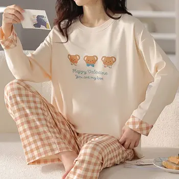 Женские пижамные комплекты Футболка с длинным рукавом + брюки, костюм из 2 предметов, пижамы с милыми героями мультфильмов, весенне-осенняя ночная одежда, женская повседневная домашняя одежда