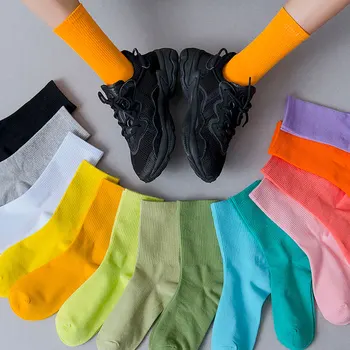 Весенне-осенние однотонные носки, женские тонкие флуоресцентные носки, уличные хлопчатобумажные носки в стиле хип-хоп wild, черные хлопчатобумажные носки ярких цветов