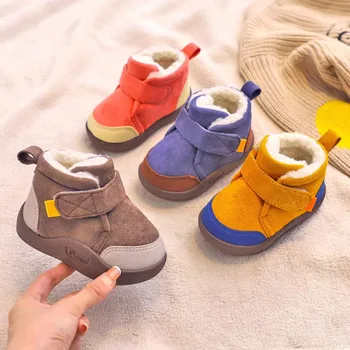 Зимняя плюшевая детская обувь, хлопчатобумажная обувь для мальчиков и девочек, мягкая подошва, противоскользящая, удобные зимние ботинки, детская уличная обувь