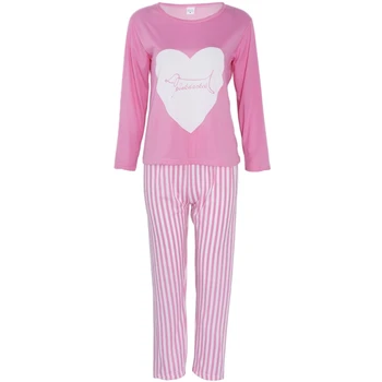 Женские топы с длинными рукавами и принтом в виде любви и брюки в полоску, Розовая пижама, костюм, пижамы