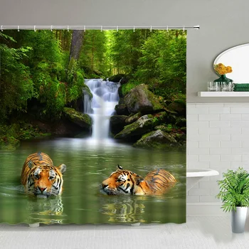 Весенний пейзаж с Водопадом Африканский Тигр в воде, Занавеска для душа с принтом диких животных, домашний декор для ванной Комнаты, Подарочные занавески для мальчиков