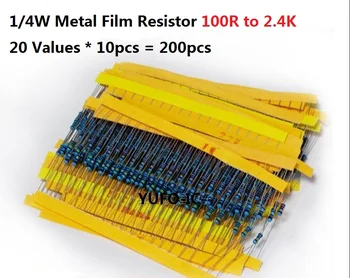 20 значений * 10ШТ = 200ШТ 100R-2.4K Ом 1/4 Вт Комплект резисторов с 5% Металлическим наполнителем В ассортименте 1K 2K 2.2K 150R 180R 200R В ассортименте