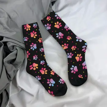 Зимние теплые носки Унисекс в стиле хип-хоп с мультяшными кошачьими лапками, нескользящие носки средней длины