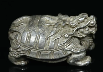 3,8 см Редкий Старинный Фарфор, серебро Мяо, Фэн-шуй, скульптура дракона и черепахи
