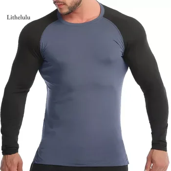 Мужская Высокоэластичная быстросохнущая футболка для фитнеса Cross-border, Спортивная одежда в стиле Пэчворк с длинным рукавом, Тренировка Пот, Бег