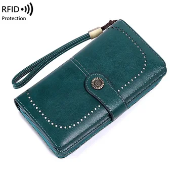 Новый RFID-антимагнитный кошелек на длинной молнии, женский кошелек, кожаный кошелек, европейская и американская новая сумка большой вместимости