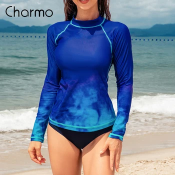 Женский топ Charmo для плавания с защитой от сыпи с длинными рукавами, круглый вырез, Градиентный блок, Цветная плечевая вставка, топ-рубашка для плавания с защитой от ультрафиолета UPF 50