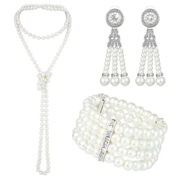 Набор из 3 предметов: длинное жемчужное ожерелье, серьги, винтажные жемчужные браслеты 1920-х 1950-х годов, аксессуары для свадебной вечеринки 
