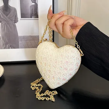 Женская Новая Винтажная сумка-сердечко через плечо 2023 года с Сетчатыми Красными Бриллиантами и Иностранной Очаровательной Цепочкой Crossbody Love Dinner Bag vip luxury