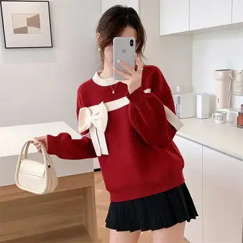 Осенне-Зимний утолщенный пуловер с красным бантом, Элегантный свитер для женщин, новинка 2023 года, корейский модный Свободный вязаный низ, топ.