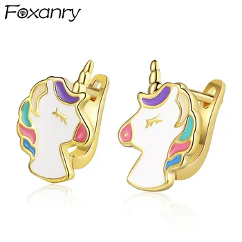 Foxanry Предотвращает аллергию Серебряные серьги для женщин Новые ювелирные изделия Tredny Sweet Cute Colored Pony Girl Party Оптом