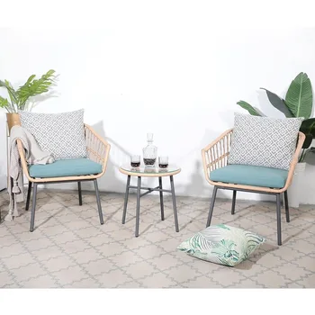 Набор для бистро с беседкой на открытом воздухе из 3 предметов с закаленным журнальным столиком и стульями из ротанга для сада, зеленый