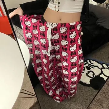 НОВЫЕ широкие брюки с милым принтом Hello Kitty kawaii для женщин, свободные и универсальные прямые брюки с мультяшной резинкой на талии для женщин