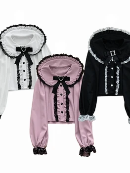 Розовая Японская Блузка Lolita Kawaii, Женская Кружевная блузка в стиле колледжа, Корейская Милая блузка с воротником Питера Пэна, Винтажная блузка Y2k 2024 г.