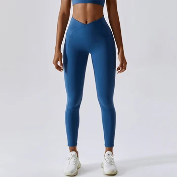 Спортивные штаны для йоги с подтягивающим бедра карманом, Быстросохнущие Брюки для фитнеса, Скрещенная талия, Облегающие спортивные брюки для бега, женские