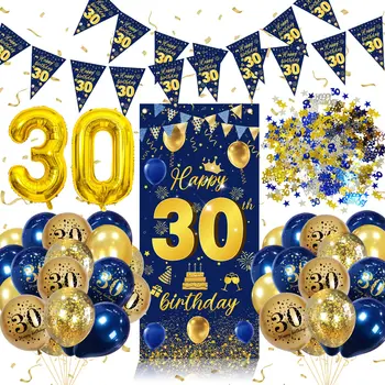 30-й день рождения украшения для мужчин женщин День Рождения поставляет голубое золото рождения воздушные шары 30-я счастливый баннер рождения и плакат