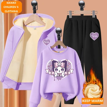 Детская зимняя теплая спортивная одежда с героями мультфильмов аниме Sanrio Kuromi, пуловер для девочек, толстовка с капюшоном, брюки, детский комплект из трех предметов