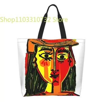 Симпатичный принт Пабло Пикассо, Женщина в шляпе, сумки для покупок, Моющаяся холщовая сумка для покупок через плечо