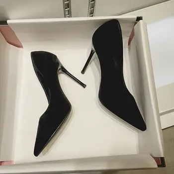 Черные женские туфли 5 см, Новые женские туфли-лодочки, замшевые туфли на высоком каблуке, Модная офисная обувь, обувь для вечеринок на шпильке, Женские удобные женские каблуки