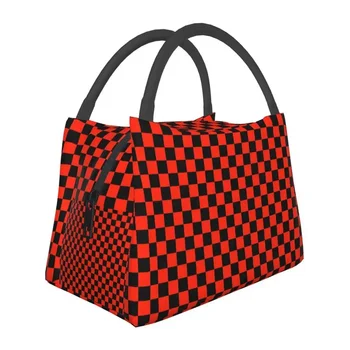 Изготовленная на заказ черно-ало-красная сумка для ланча в шахматном порядке, женский холодильник, ланч-боксы с теплой изоляцией для поездок в офис