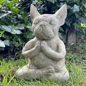 Статуя собаки Будда Медитация Статуя Бульдога из смолы Медитирующий Французский Бульдог Статуя Медитирующего Сидящего Садовый декор Сказочный сад