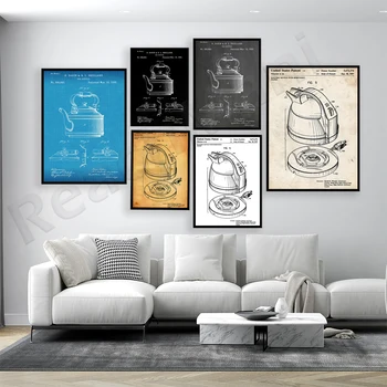 Электрический чайник 1997 года, чайник с патентом 1880 года, печать на патенте, чай, кофе, декор для кухни, настенный художественный плакат, чертежный подарок