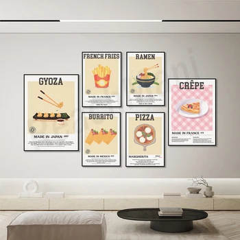 Японский рамен, клецки, турецкий кебаб, буррито, картофель фри, блинчики, итальянское мороженое, эстетичный плакат для украшения кухни