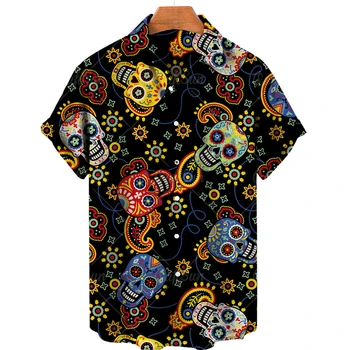 2023 Летняя Гавайская Рубашка С 3D Принтом Черепа Для Мужчин 5xl, Негабаритный Топ С Короткими Рукавами, Мужские Дышащие Свободные Рубашки, Мужские