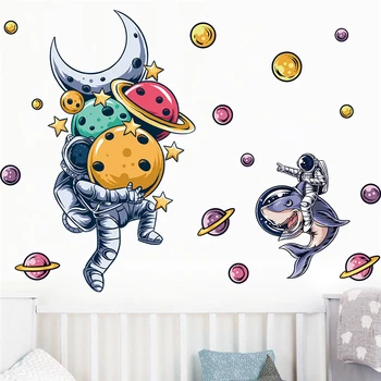 Креативные настенные наклейки с планетой астронавта, звездолетом, для украшения дома, мультяшные настенные рисунки, сделай сам, наклейки для детской спальни, космические плакаты