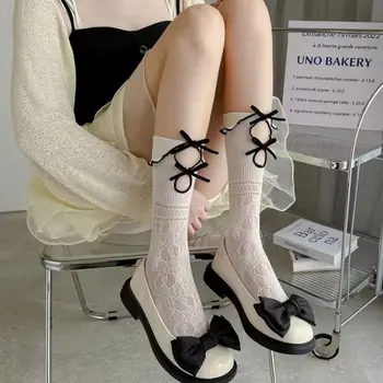 Модные носки с милыми бантиками и рюшами, дышащие Удобные тонкие носки для икр, Хлопчатобумажные чулочно-носочные изделия с оборками в средней трубке