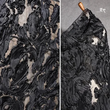 Трехмерная текстура/модифицированная органза с черным беспорядочным цветком, сетчатая ткань Для свадебного платья, оригинальные дизайнерские ткани