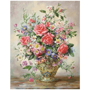 Розовая ваза для роз вышивка крестиком упаковка цветы 18 карат 14 карат 11 карат ткань хлопчатобумажная нить вышивка своими руками рукоделие ручной работы