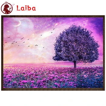 алмазная живопись Природные пейзажи фиолетовое дерево цветок морской стежок крестом полный квадратный круглый сверлильный узор фотографии украшения дома