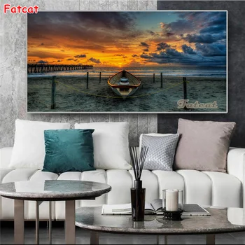 Лодка Sunset Beach Алмазная живопись Картина из горного хрусталя Вышивка бисером Ручной работы Diy Вышивка крестом Полная дрель PP3818