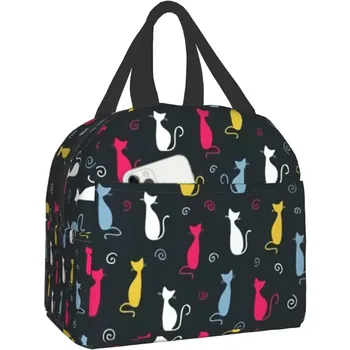 Утепленная сумка для ланча с милыми цветными кошками, ланч-бокс Funny Cat, термосумка-холодильник многоразового использования с карманом для женщин, работы, пикника, школы