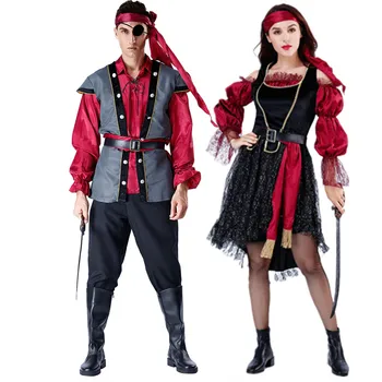 Взрослый средневековый готический Карибский пиратский костюм, пары, экипировка пиратского капитана, косплей, карнавал, Хэллоуин, маскарадное платье