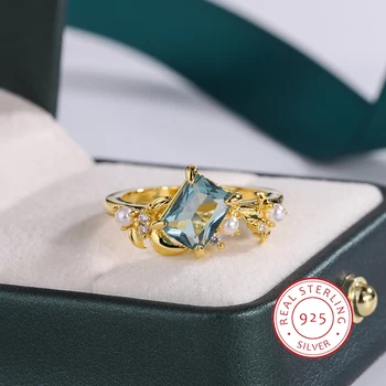 Изысканное кольцо из натурального синего циркона из стерлингового серебра 925 пробы для женщин, ювелирные изделия из жемчуга, Вечерние кольца, Свадебные украшения для невесты, Обручальное кольцо