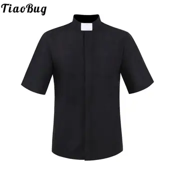 Мужская рубашка для косплея священника на Хэллоуин, рубашка для священнослужителей, церковные костюмы, Черная футболка с контрастной биркой с коротким рукавом, топ для ролевых игр проповедника