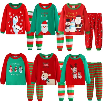 Детская одежда для мальчиков и девочек, пижамный комплект из 100% Хлопка, Детская Пижама, 2 предмета, Топы с героями мультфильмов + Брюки, Одежда для Малышей, Рождественская Пижама