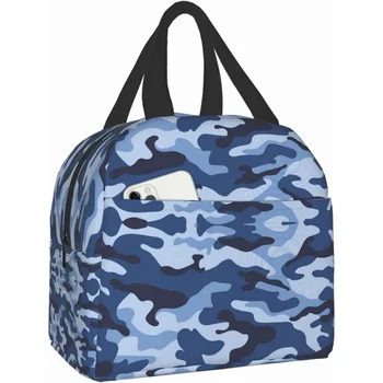 Синяя камуфляжная сумка для ланча для женщин и мужчин, многоразовый ланч-бокс, водонепроницаемая термосумка, милый контейнер для работы, путешествий, пикника.